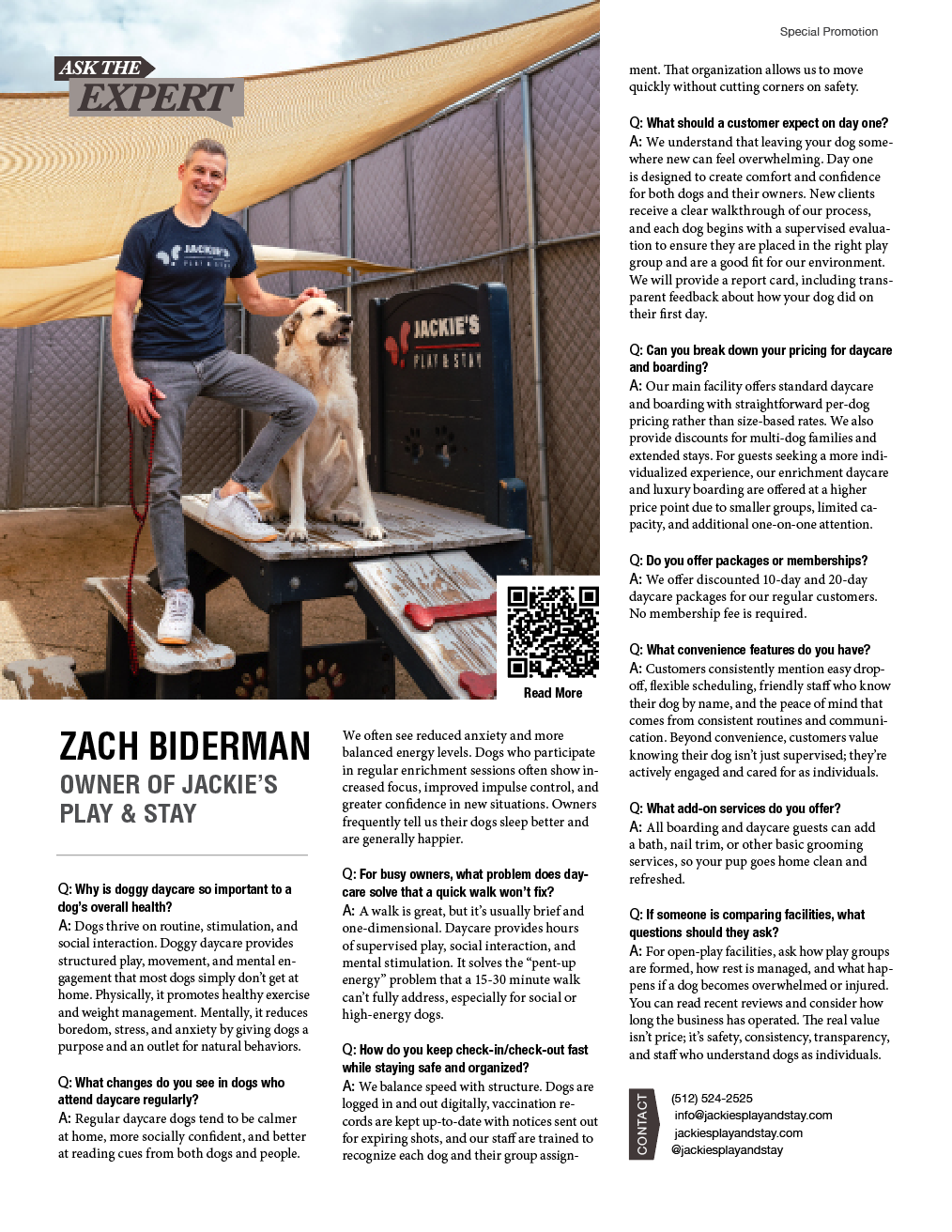 Sample Ask the Expert magazine spread with Zach Biderman and Jackie’s Play & Stay